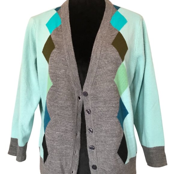 New York & Co. Argyle Button-Front Sweater: Aqua Gray Teal, Women's Size M-L - Picture 9 of 10